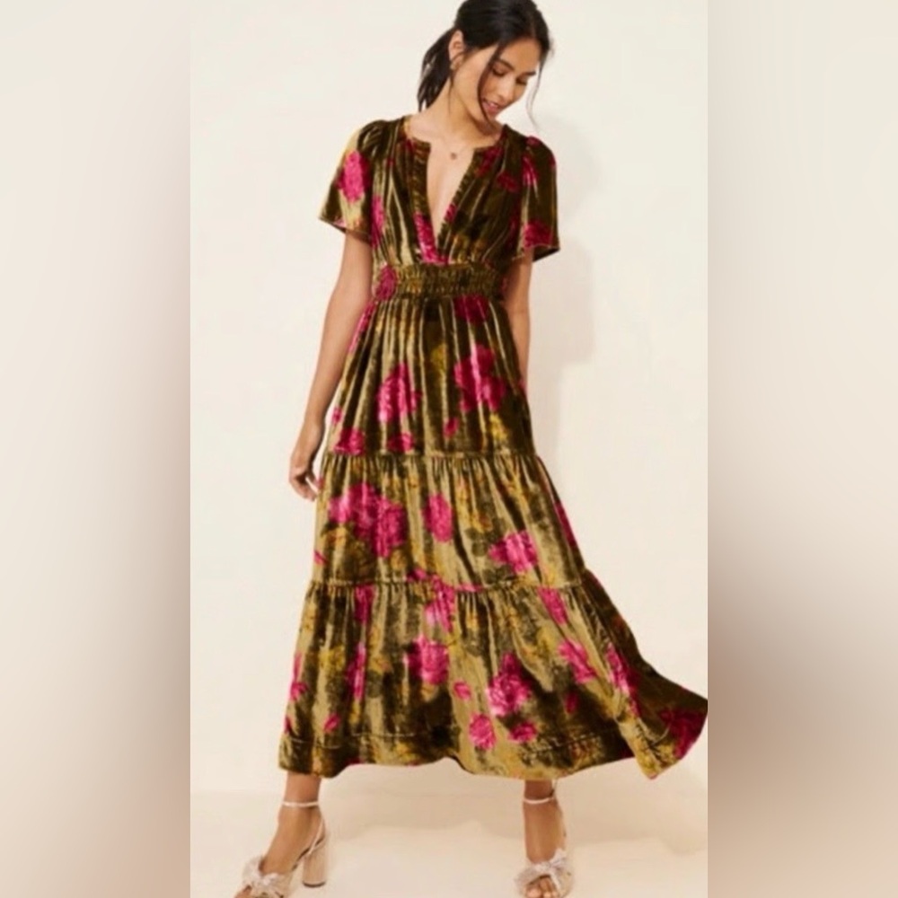 🌺 Anthropologie The Somerset Maxi Dress Velvet Edition - green motif pink flower